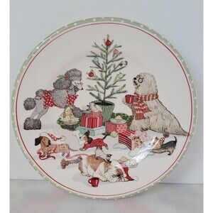 Pier 1 CHRISTMAS MORNING PUPS Salad Snack Plate Puppies Cats Dogs MINT Ironstone